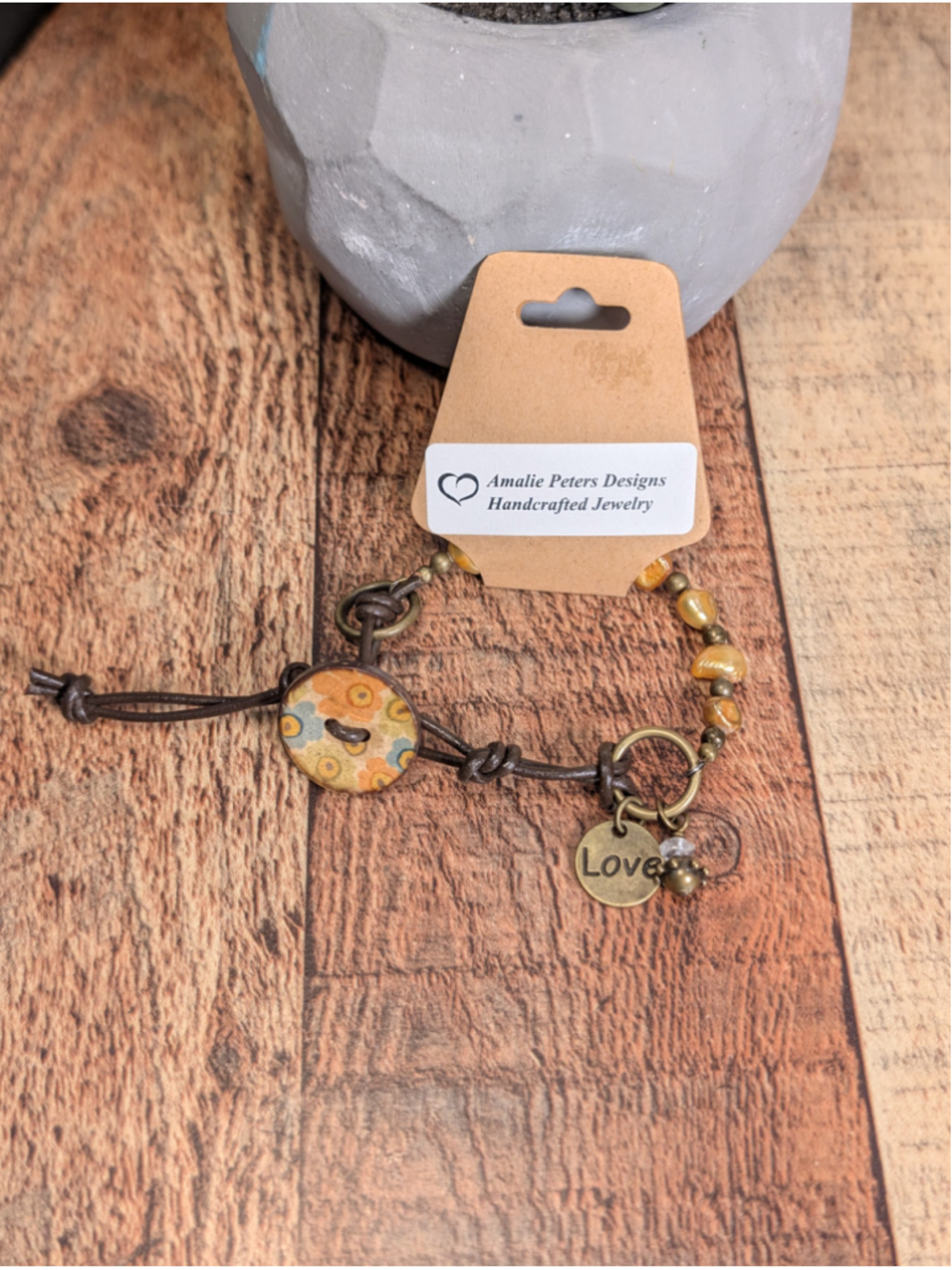 NEW Artisan Boho Rustic Bronze Pearls Brown Knotted Leather Cord Button Bracelet
